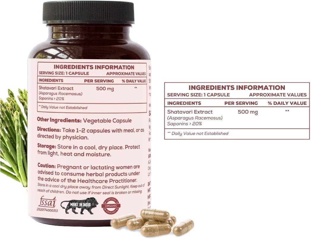 Organic Shatavari Capsules for Women's Hormonal Balance, PCOD/PCOS Support, Stamina, and Energy - 60 Capsules