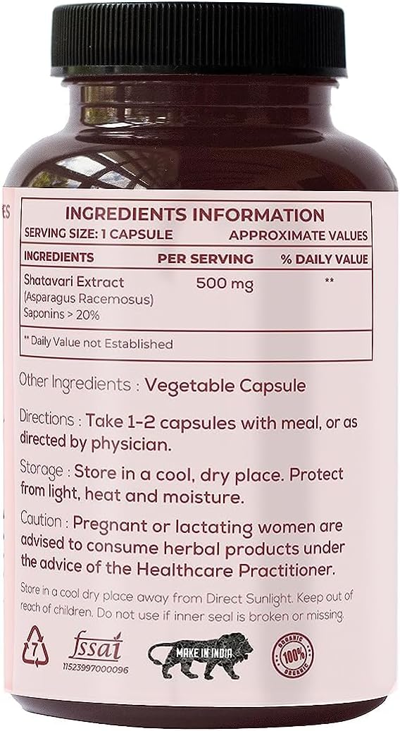 Organic Shatavari Capsules for Women's Hormonal Balance, PCOD/PCOS Support, Stamina, and Energy - 60 Capsules