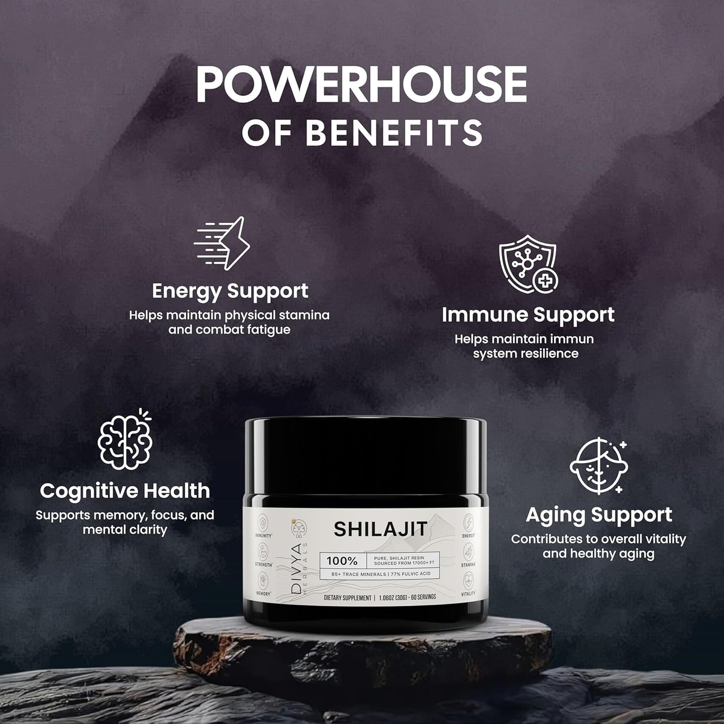 Organic Shilajit Resin with 85+ Trace Minerals and 77%+ Fulvic Acid - Energy and Vitality Supplement - Sustainably Sourced - No Fillers - 30gm