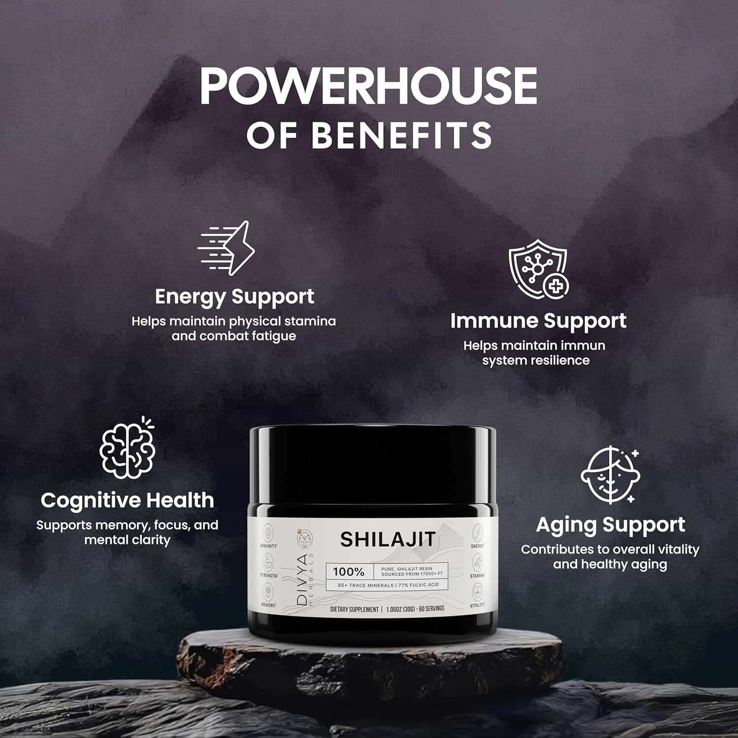 Organic Shilajit Resin with 85+ Trace Minerals and 77%+ Fulvic Acid - Energy and Vitality Supplement - Sustainably Sourced - No Fillers - 30gm