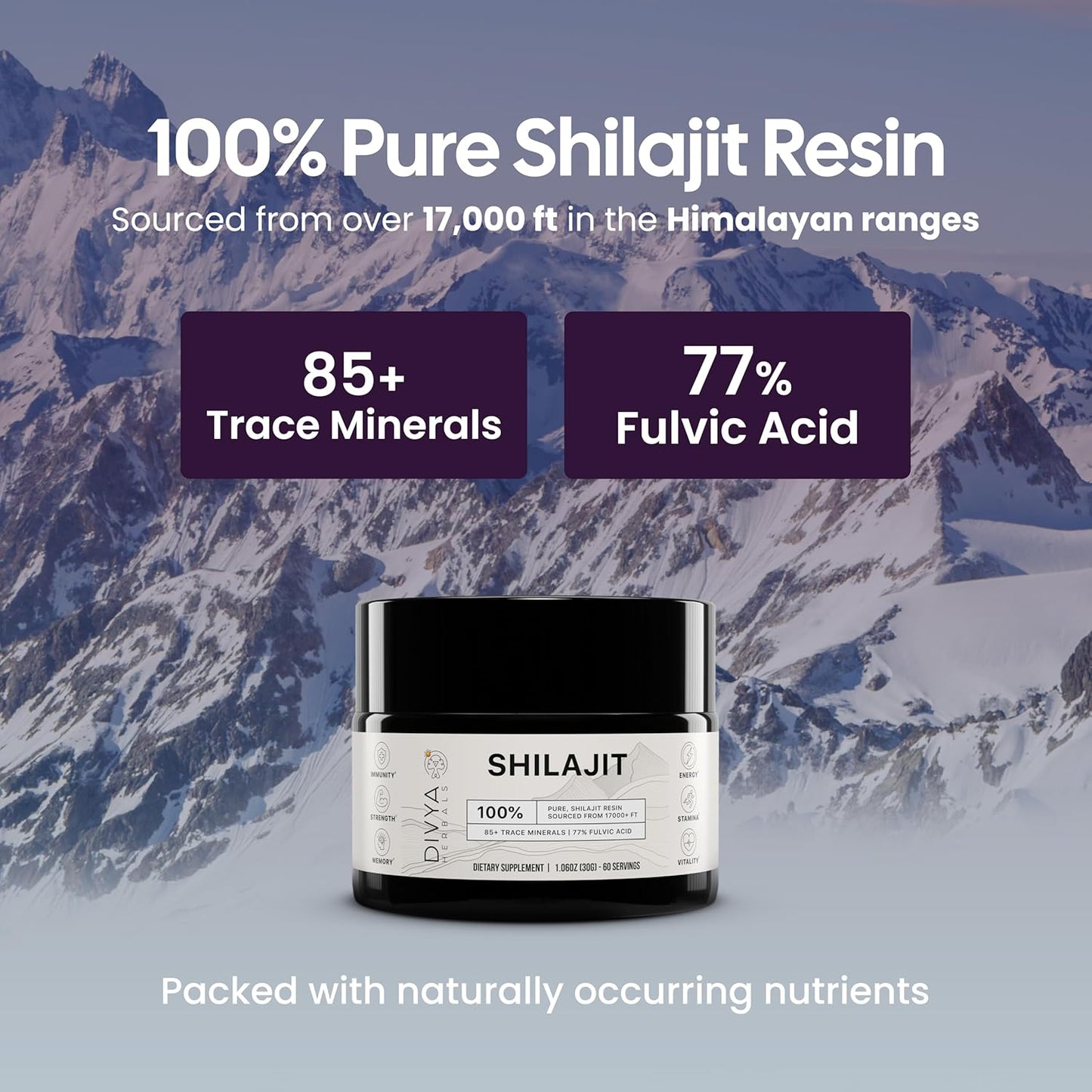 Organic Shilajit Resin with 85+ Trace Minerals and 77%+ Fulvic Acid - Energy and Vitality Supplement - Sustainably Sourced - No Fillers - 30gm