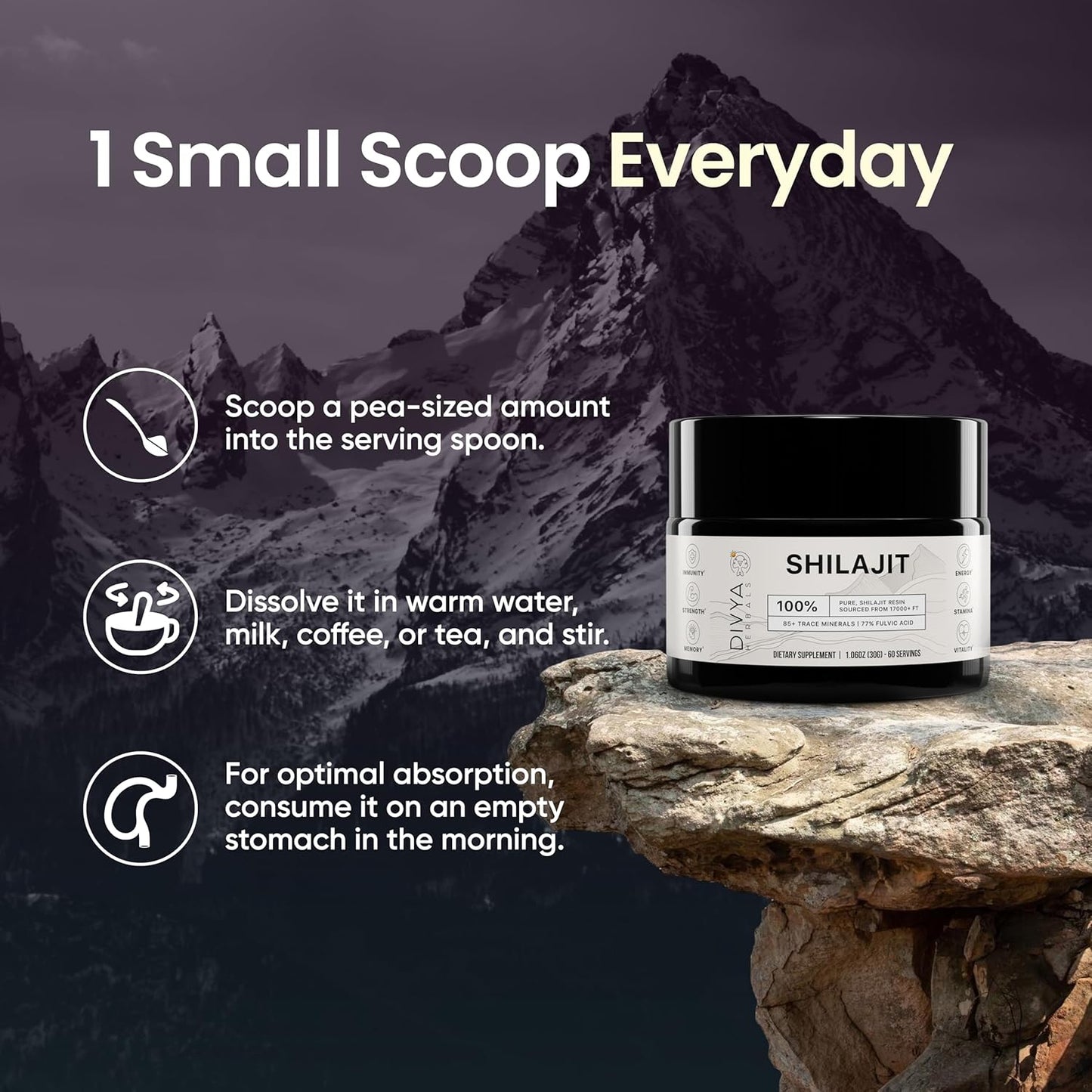Organic Shilajit Resin with 85+ Trace Minerals and 77%+ Fulvic Acid - Energy and Vitality Supplement - Sustainably Sourced - No Fillers - 30gm