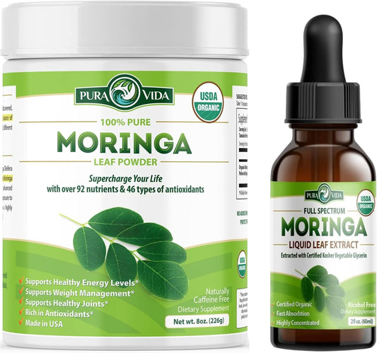 Organic Single Origin Moringa Powder and Leaf Extract Drops Set - 8 oz Powder, 2 fl oz Drops