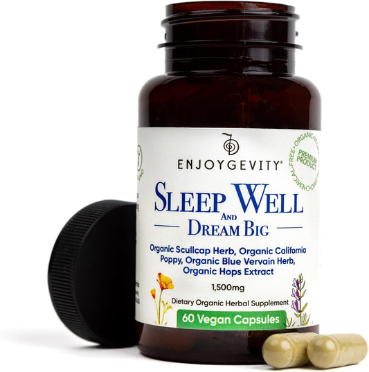 Organic Sleep Aid Capsules - Herbal Supplement for Calming & Relaxing - 60 Vegan Capsules - Natural Ingredients - 1,500 mg