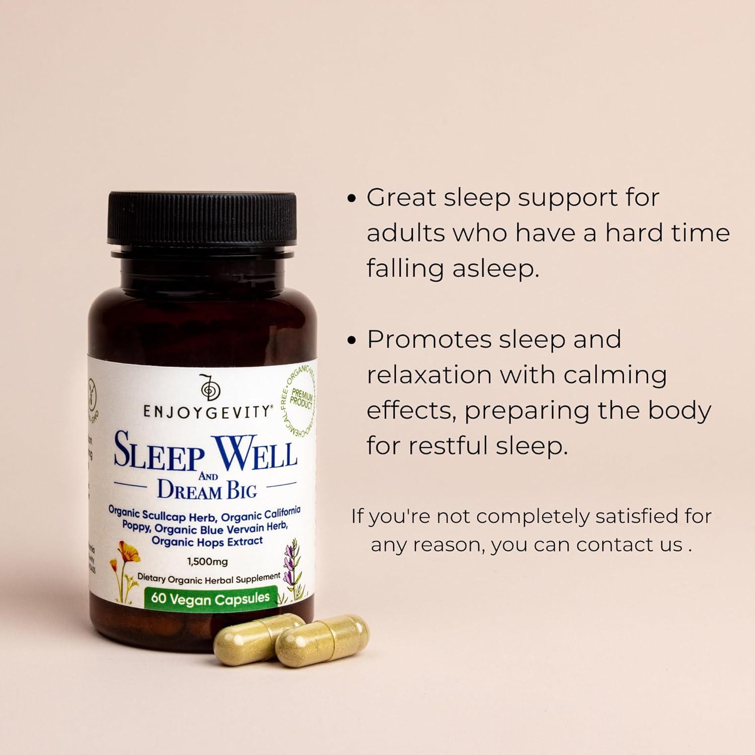 Organic Sleep Aid Capsules - Herbal Supplement for Calming & Relaxing - 60 Vegan Capsules - Natural Ingredients - 1,500 mg