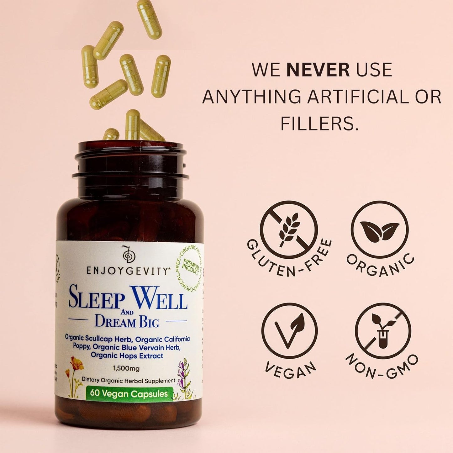 Organic Sleep Aid Capsules - Herbal Supplement for Calming & Relaxing - 60 Vegan Capsules - Natural Ingredients - 1,500 mg