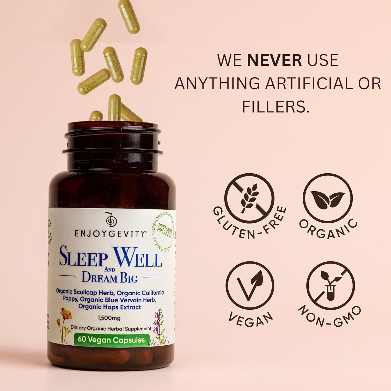 Organic Sleep Aid Capsules - Herbal Supplement for Calming & Relaxing - 60 Vegan Capsules - Natural Ingredients - 1,500 mg