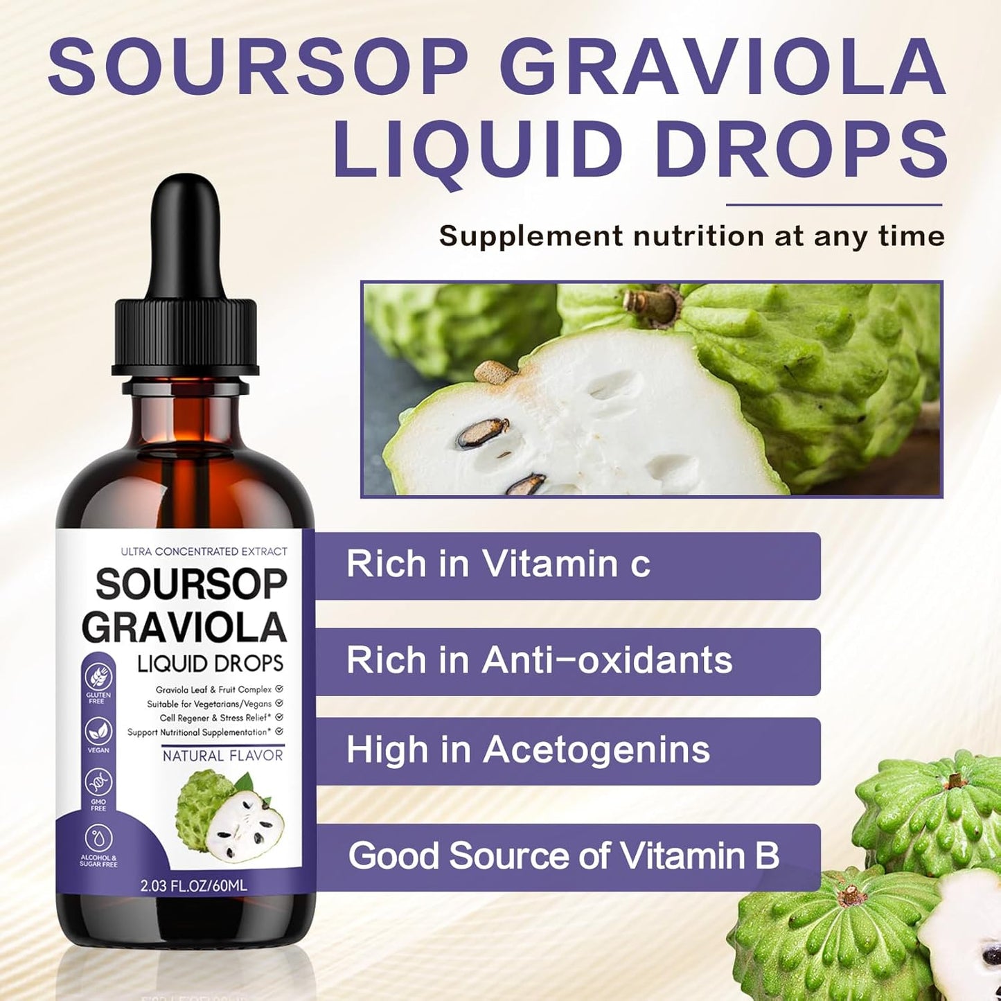 Organic Soursop Bitters Liquid Extract - 60ml (2 Fl Oz) - Natural Digestive Aid and Immune Booster