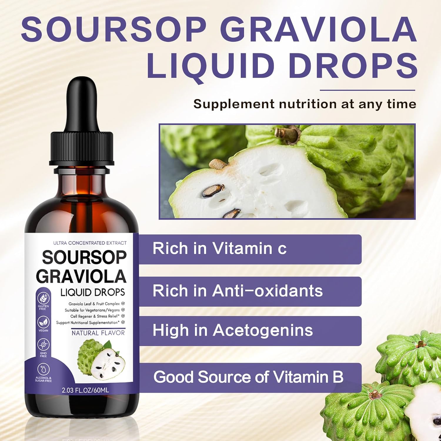 Organic Soursop Bitters Liquid Extract - 60ml (2 Fl Oz) - Natural Digestive Aid and Immune Booster