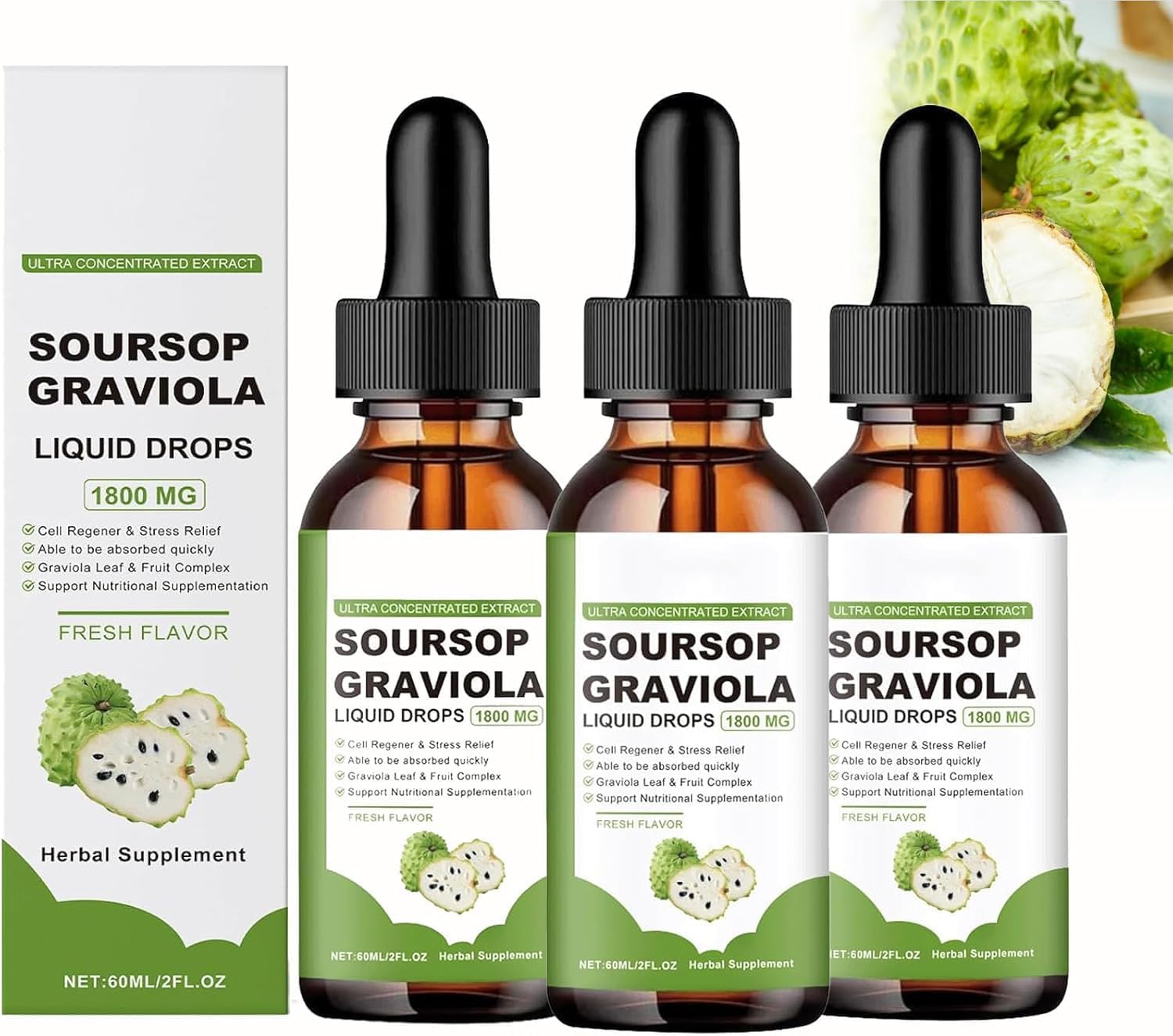 Organic Soursop Extract Drops - 100% Pure Graviola Liquid Supplement - Herbal Goodness - Sugar/Gluten Free (3 Pack)