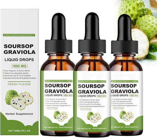 Organic Soursop Extract Drops - 100% Pure Graviola Liquid Supplement - Herbal Goodness - Sugar/Gluten Free (3 Pack)