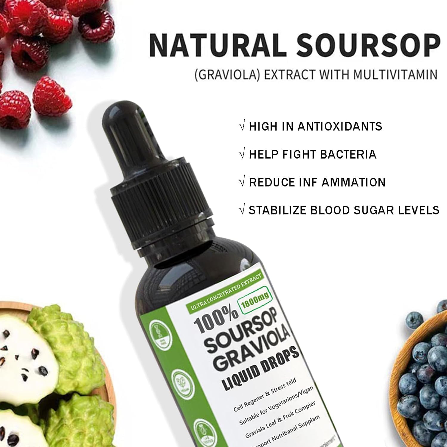 Organic Soursop Extract Drops - Pure Soursop Multivitamin with Natural Flavors, Sugar/Gluten Free