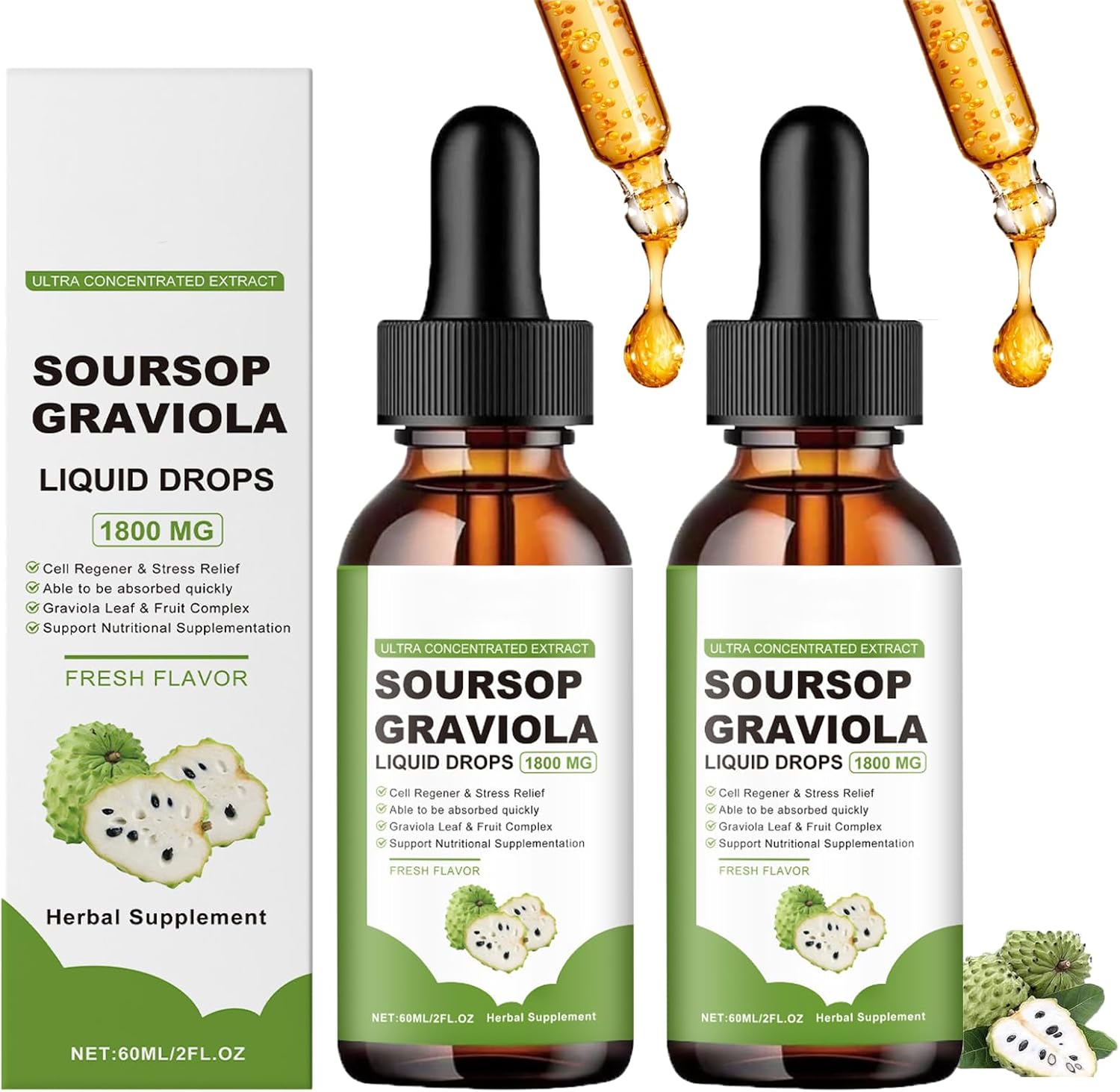 Organic Soursop Extract Oil with Cancer-Fighting Properties - Herbal Goodness - 1800mg Liquid Drops - Natural Flavor - Pure Graviola Soursop Juice