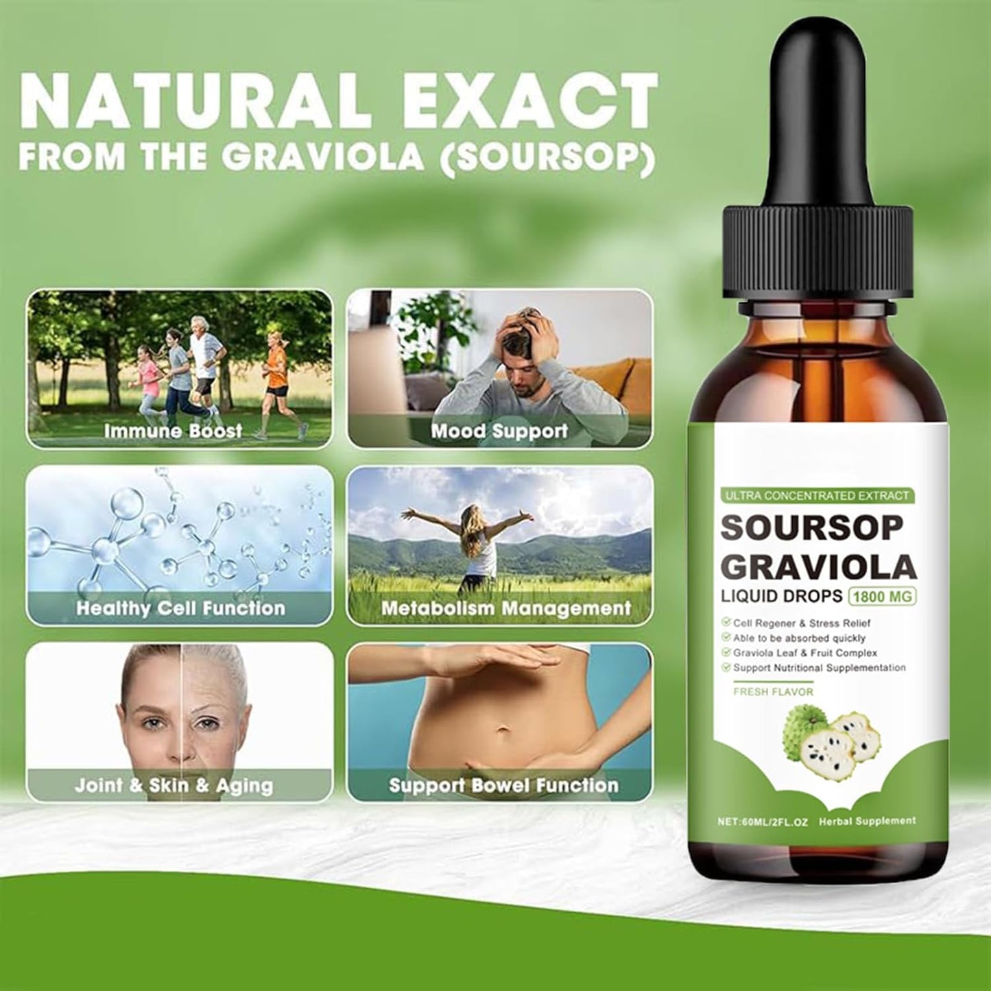 Organic Soursop Extract Oil with Cancer-Fighting Properties - Herbal Goodness - 1800mg Liquid Drops - Natural Flavor - Pure Graviola Soursop Juice