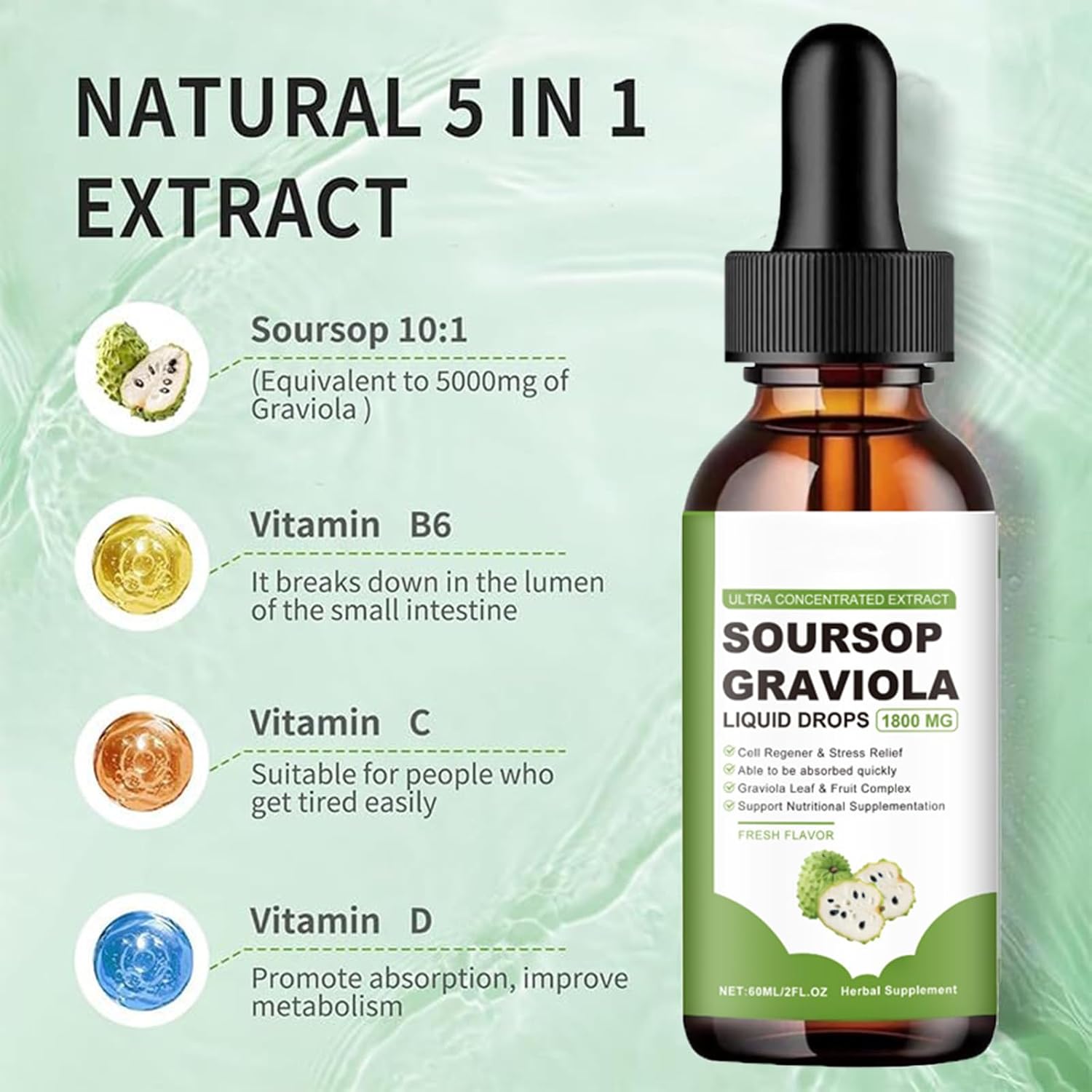 Organic Soursop Extract Oil with Cancer-Fighting Properties - Herbal Goodness - 1800mg Liquid Drops - Natural Flavor - Pure Graviola Soursop Juice