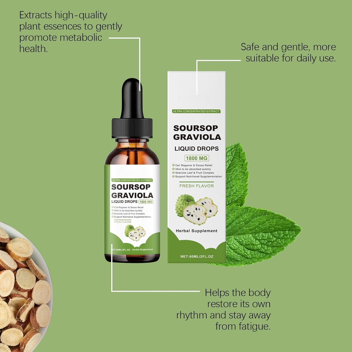Organic Soursop Extract Oil with Cancer-Fighting Properties - Herbal Goodness - 1800mg Liquid Drops - Natural Flavor - Pure Graviola Soursop Juice