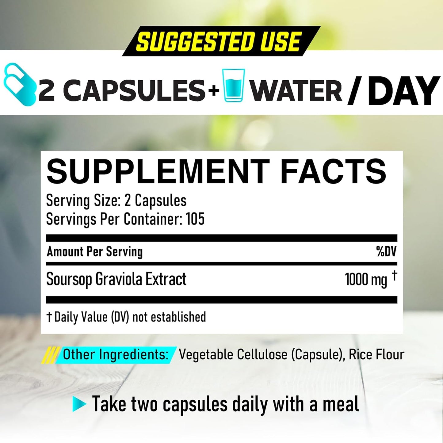 Organic Soursop Graviola Capsules 1000mg - Advanced Formula for Body Balance, Mood, Strength & Immunity - 210 ct for 105 Servings