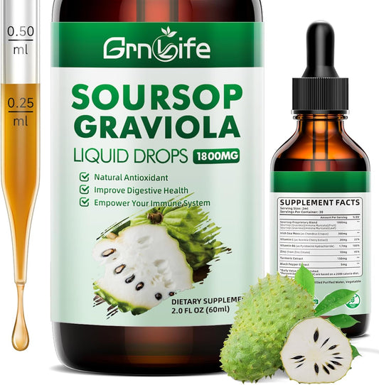Organic Soursop Graviola Liquid Drops with Sea Moss & Turmeric - Antioxidant and Immune Support - 2 Fl/Oz