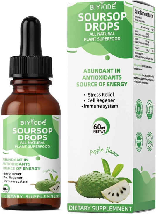 Organic Soursop Graviola Liquid Drops with Sea Moss, Elderberry - Cell Support, Immunity, Liver Health, Sleep Aid - 2 Fl Oz