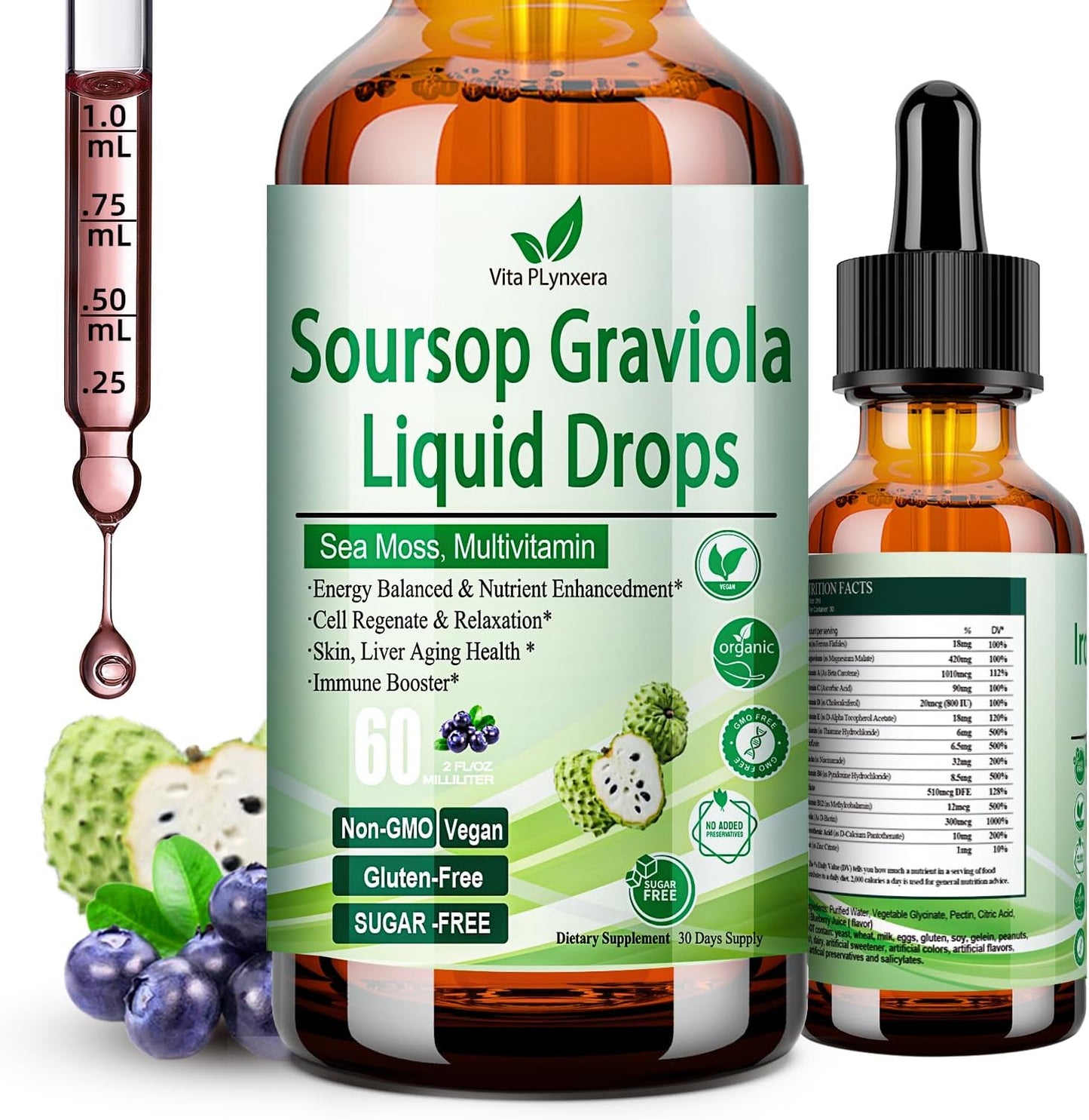 Organic Soursop Graviola Liquid Drops with Sea Moss and Grape Seed - Immune Boosting Multivitamin Supplement - 2 Fl/Oz