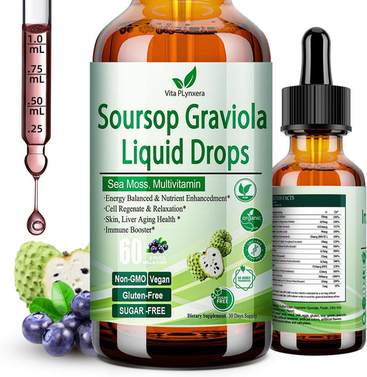 Organic Soursop Graviola Liquid Drops with Sea Moss and Grape Seed - Immune Boosting Multivitamin Supplement - 2 Fl/Oz