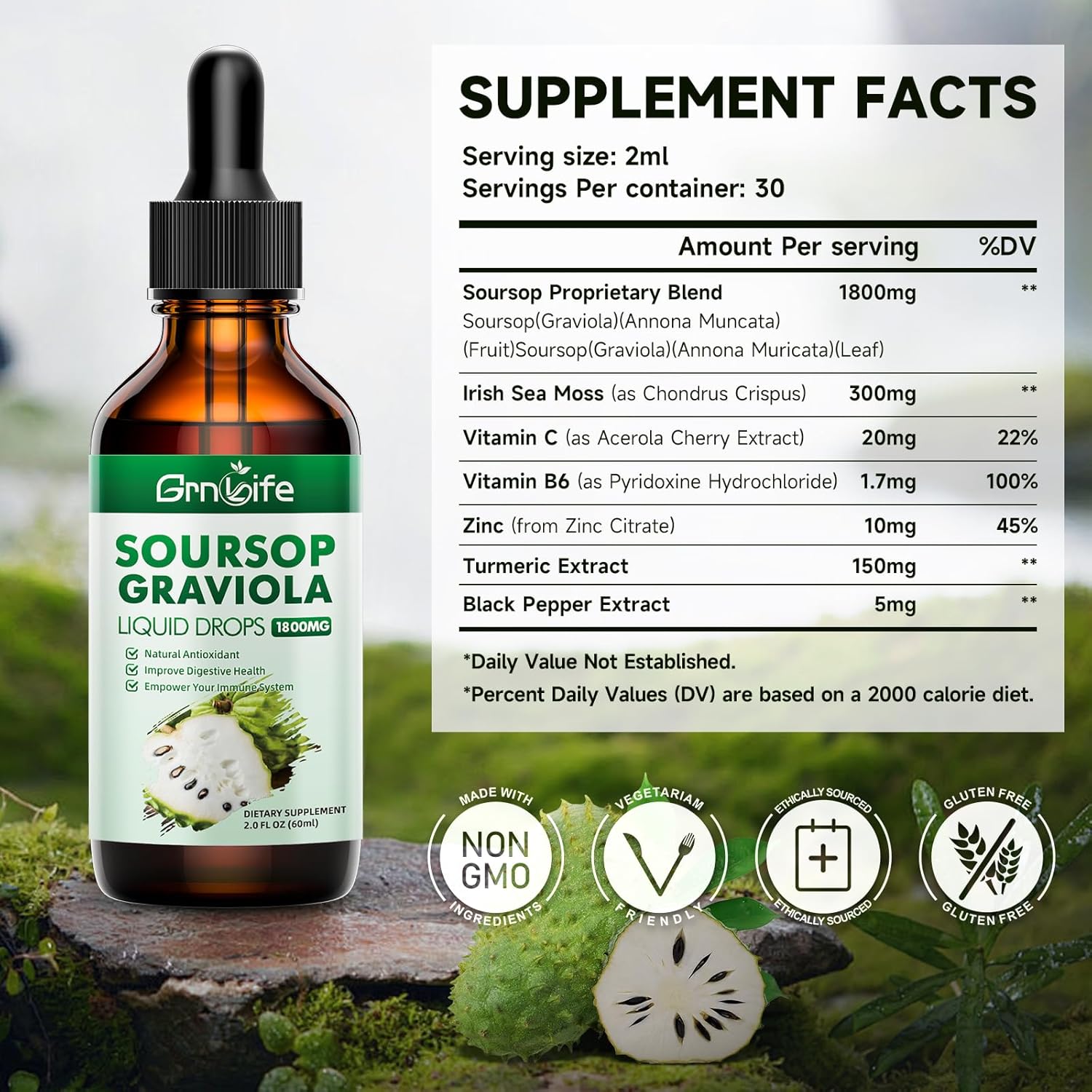 Organic Soursop Graviola Liquid Drops with Sea Moss & Turmeric - Antioxidant and Immune Support - 2 Fl/Oz