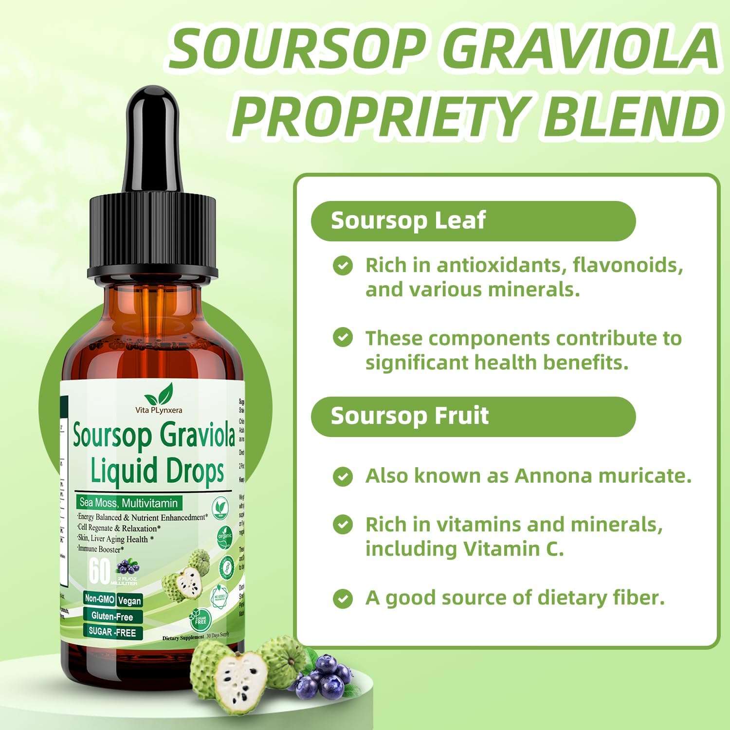 Organic Soursop Graviola Liquid Drops with Sea Moss and Grape Seed - Immune Boosting Multivitamin Supplement - 2 Fl/Oz