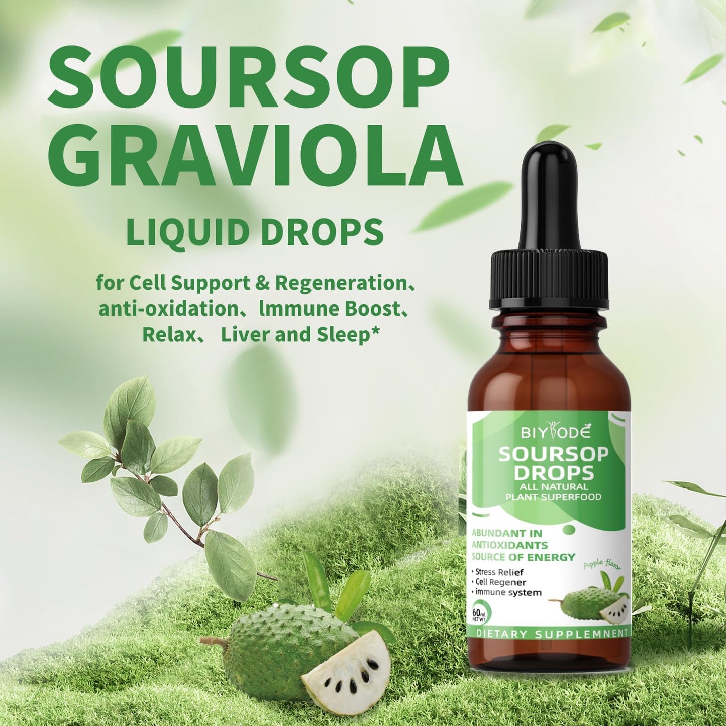Organic Soursop Graviola Liquid Drops with Sea Moss, Elderberry - Cell Support, Immunity, Liver Health, Sleep Aid - 2 Fl Oz