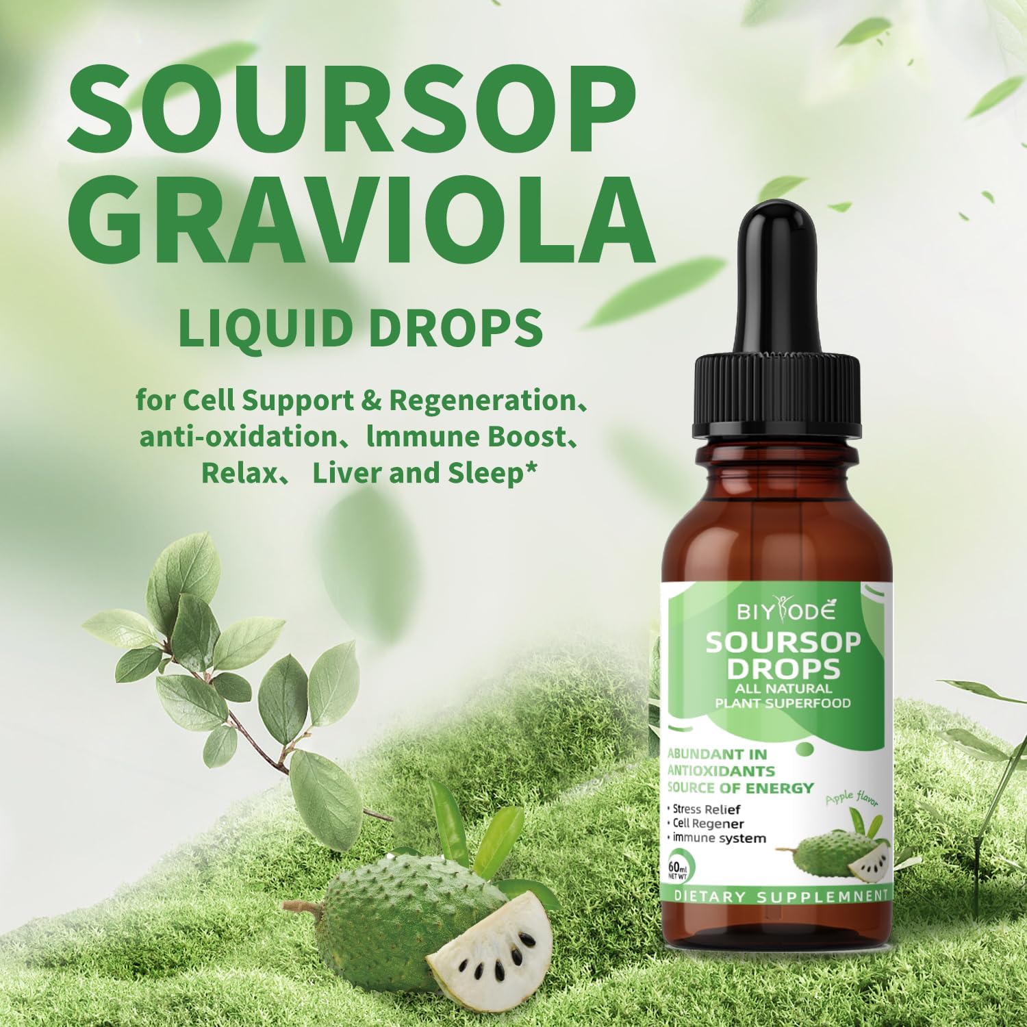 Organic Soursop Graviola Liquid Drops with Sea Moss, Elderberry - Cell Support, Immunity, Liver Health, Sleep Aid - 2 Fl Oz