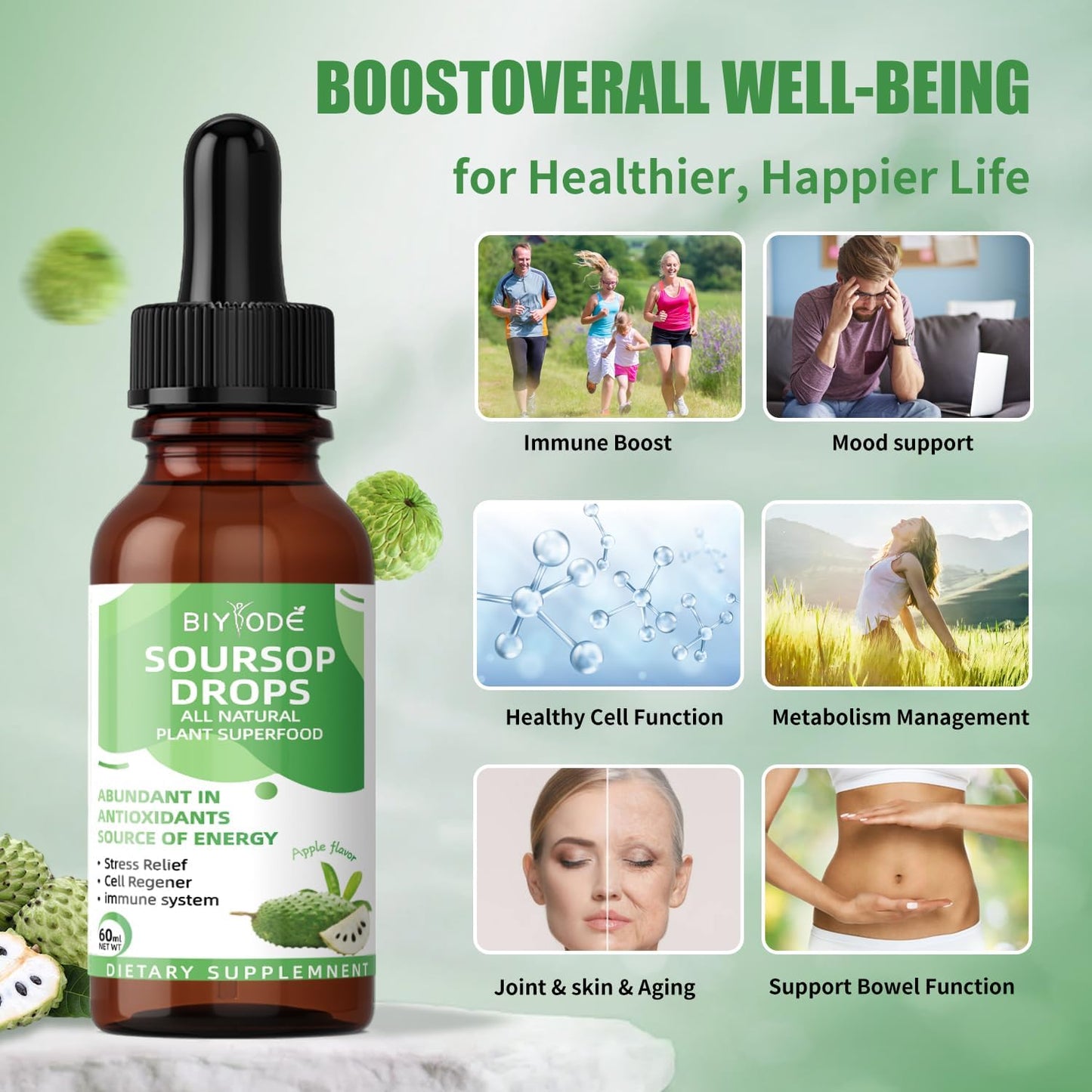 Organic Soursop Graviola Liquid Drops with Sea Moss, Elderberry - Cell Support, Immunity, Liver Health, Sleep Aid - 2 Fl Oz
