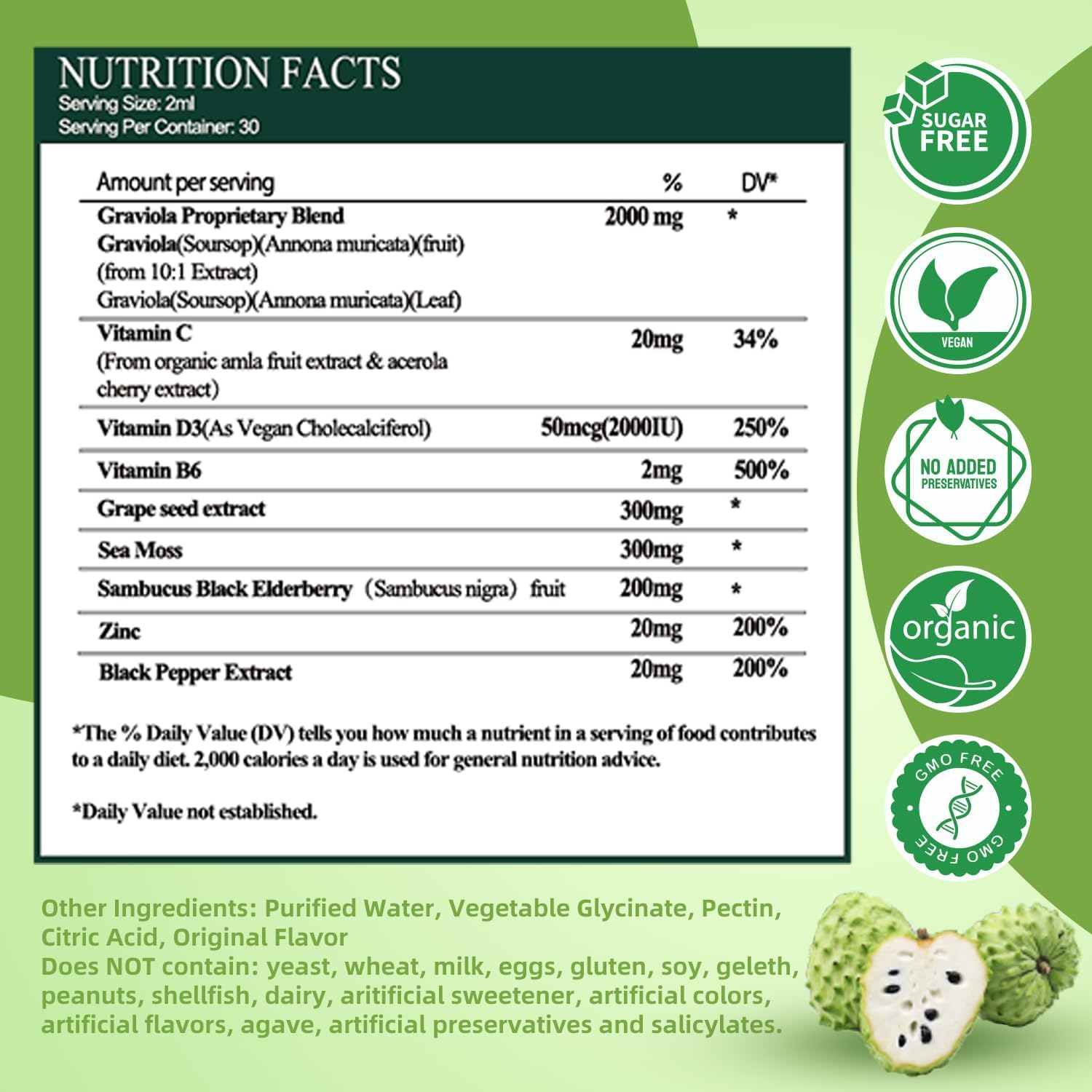 Organic Soursop Graviola Liquid Drops with Sea Moss and Grape Seed - Immune Boosting Multivitamin Supplement - 2 Fl/Oz