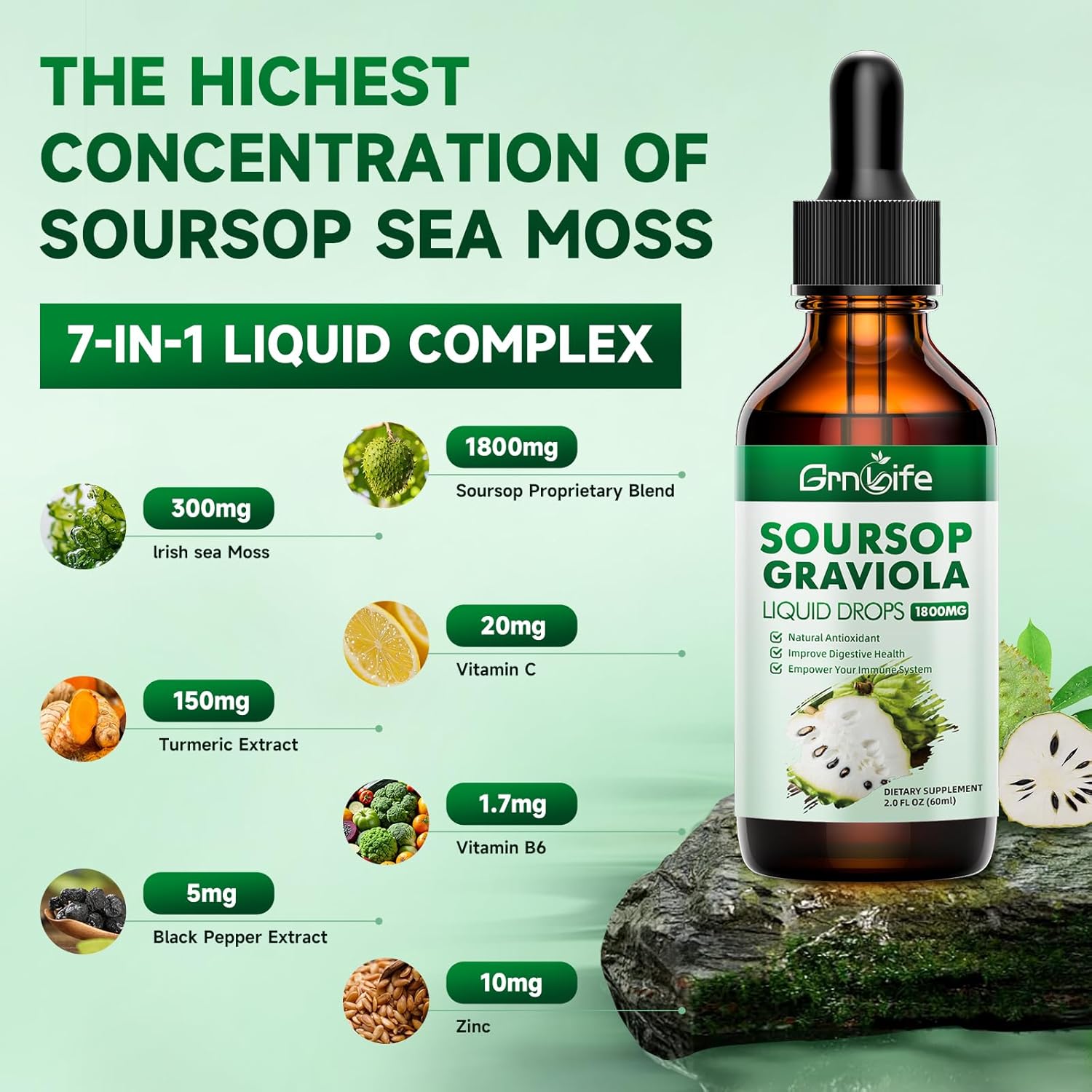 Organic Soursop Graviola Liquid Drops with Sea Moss & Turmeric - Antioxidant and Immune Support - 2 Fl/Oz