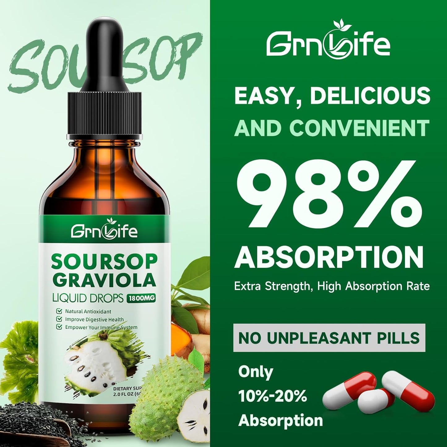 Organic Soursop Graviola Liquid Drops with Sea Moss & Turmeric - Antioxidant and Immune Support - 2 Fl/Oz