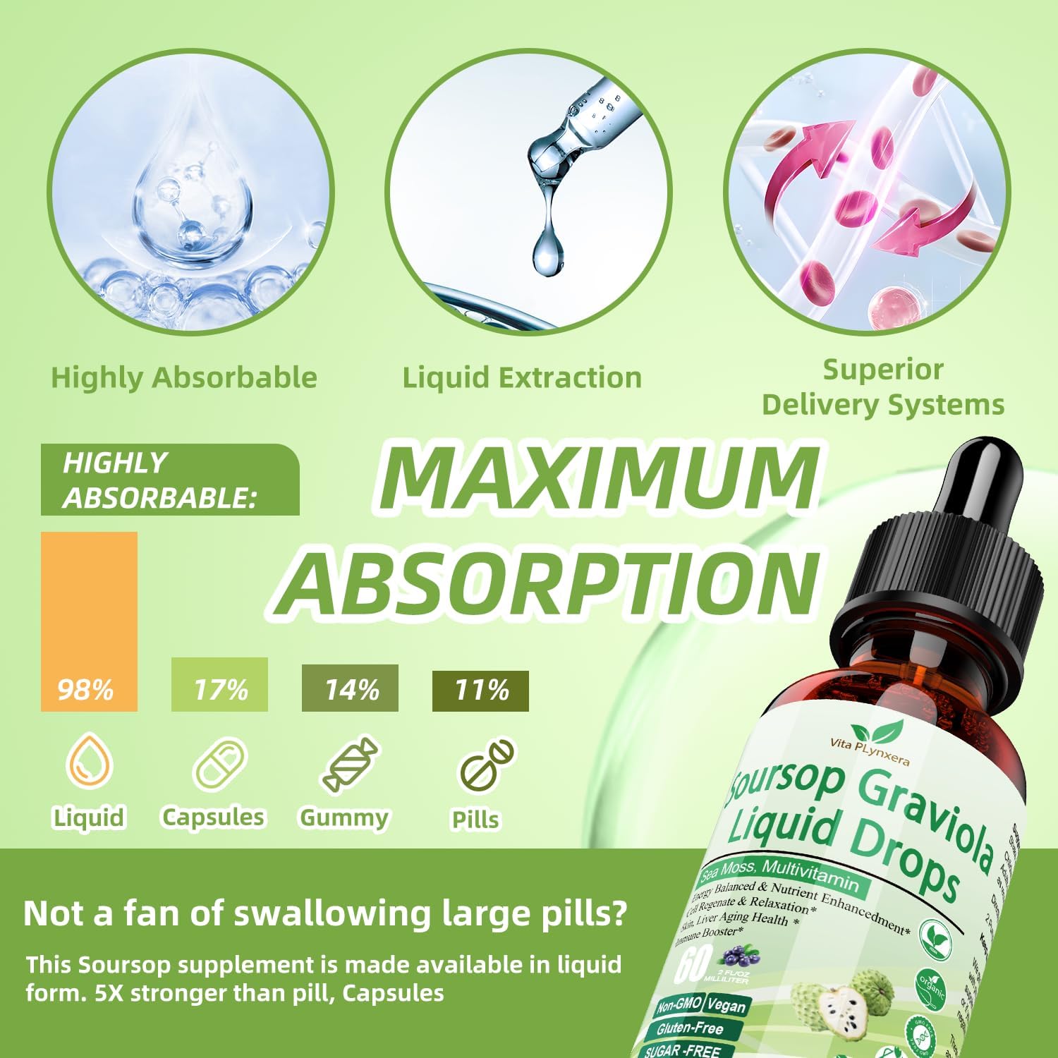 Organic Soursop Graviola Liquid Drops with Sea Moss and Grape Seed - Immune Boosting Multivitamin Supplement - 2 Fl/Oz