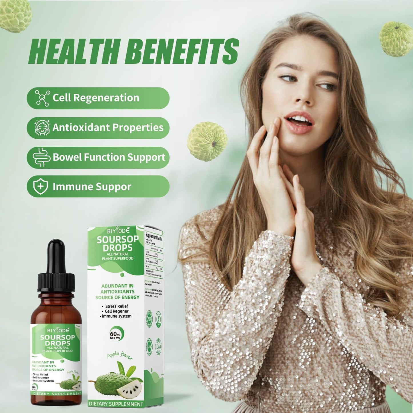 Organic Soursop Graviola Liquid Drops with Sea Moss, Elderberry - Cell Support, Immunity, Liver Health, Sleep Aid - 2 Fl Oz