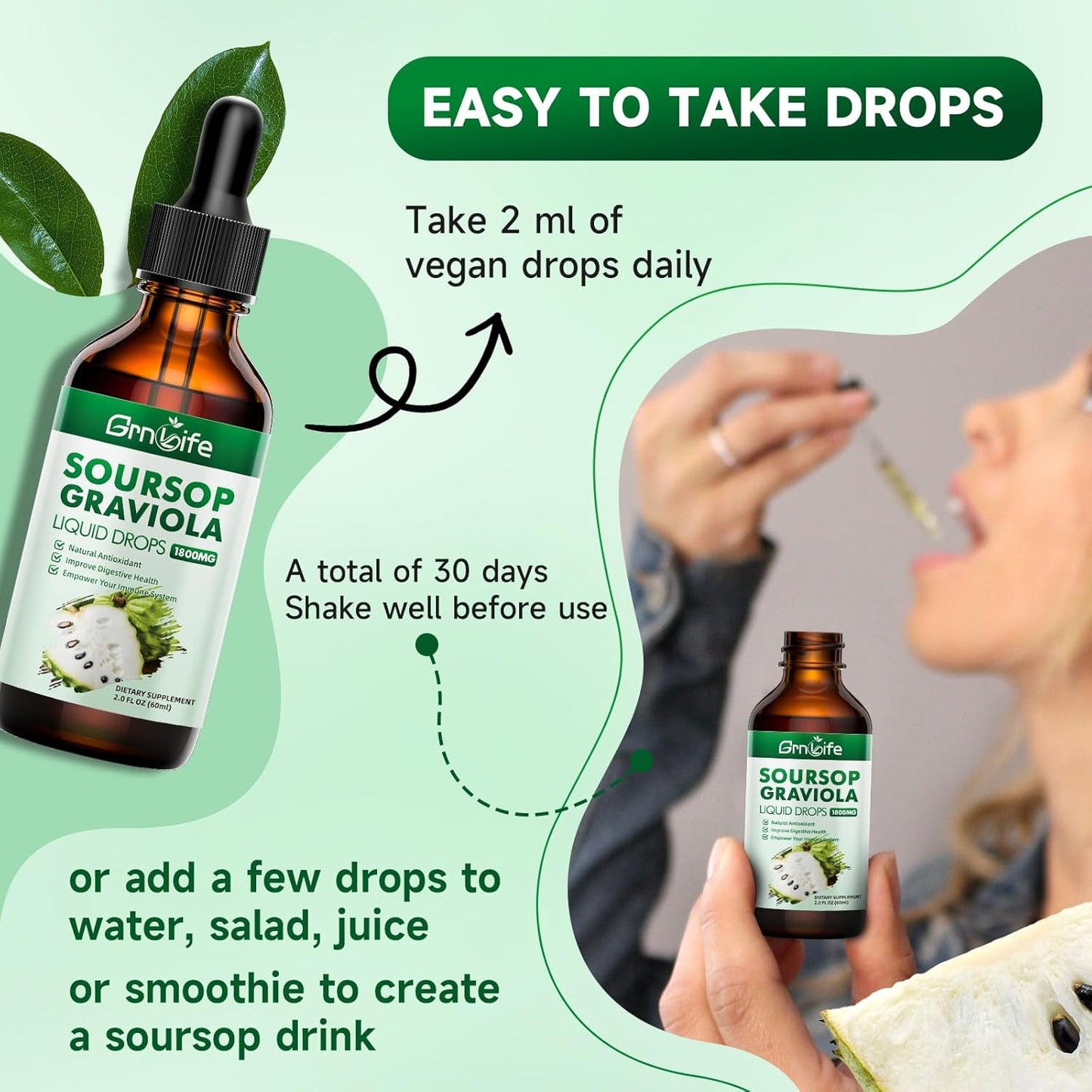 Organic Soursop Graviola Liquid Drops with Sea Moss & Turmeric - Antioxidant and Immune Support - 2 Fl/Oz