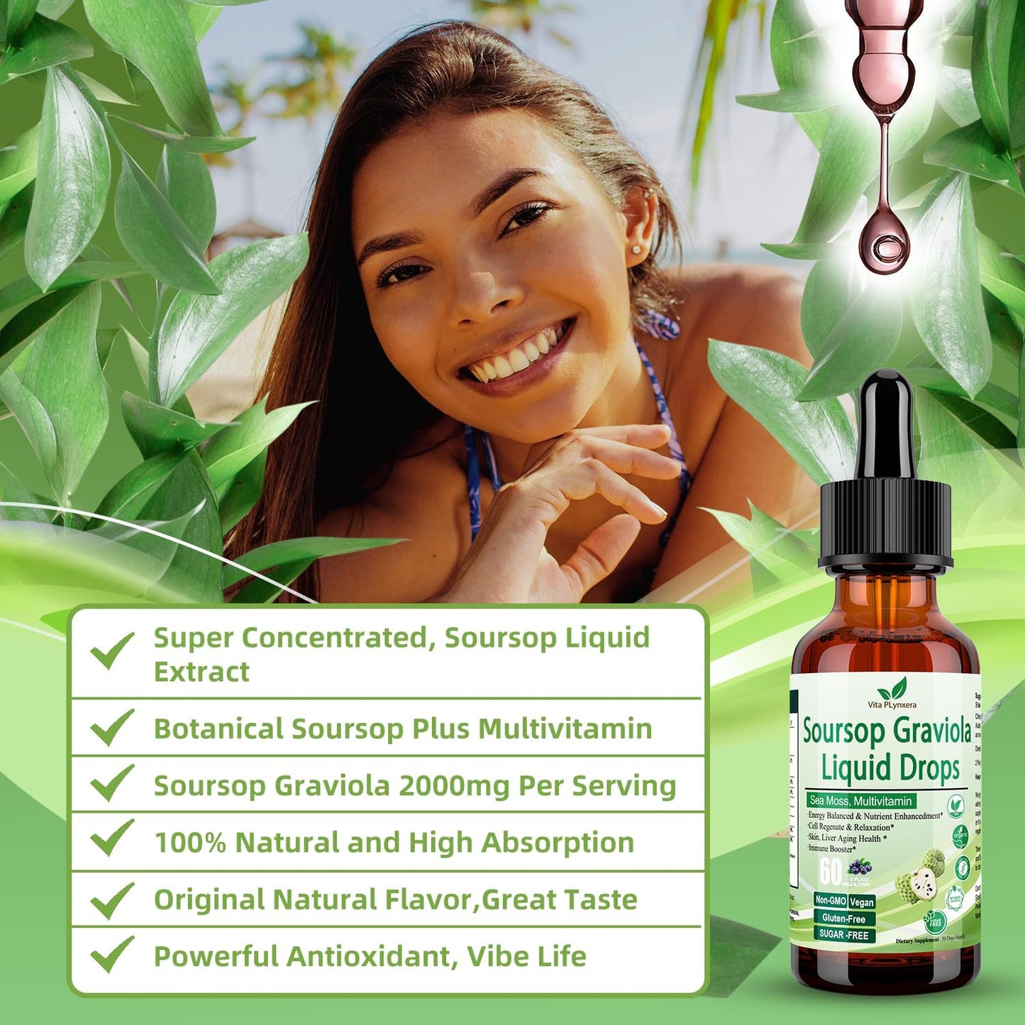 Organic Soursop Graviola Liquid Drops with Sea Moss and Grape Seed - Immune Boosting Multivitamin Supplement - 2 Fl/Oz