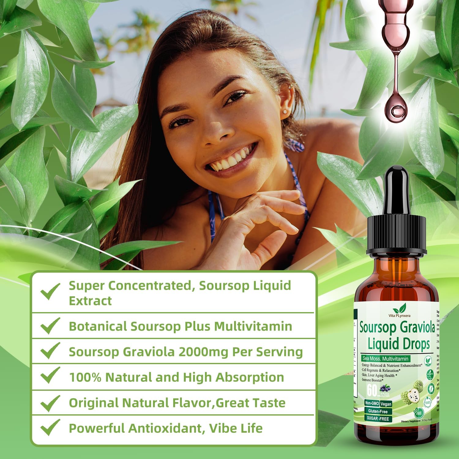 Organic Soursop Graviola Liquid Drops with Sea Moss and Grape Seed - Immune Boosting Multivitamin Supplement - 2 Fl/Oz