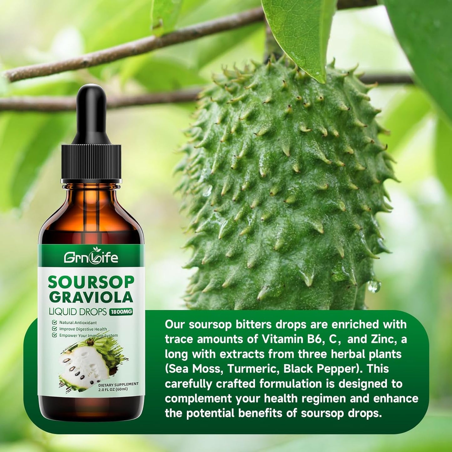 Organic Soursop Graviola Liquid Drops with Sea Moss & Turmeric - Antioxidant and Immune Support - 2 Fl/Oz