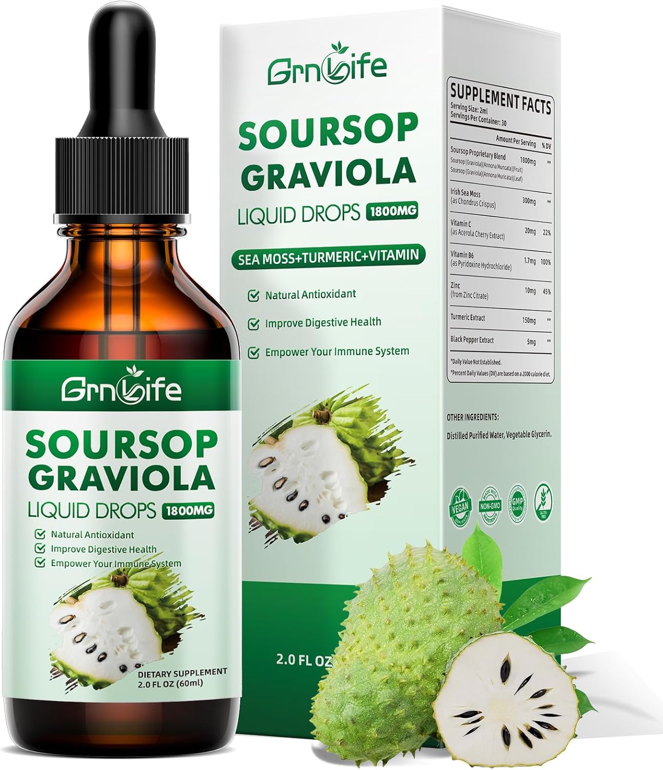 Organic Soursop Graviola Liquid Drops with Sea Moss & Turmeric - Antioxidant and Immune Support - 2 Fl/Oz