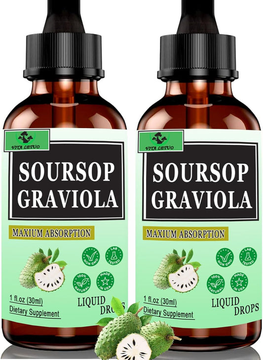 Organic Soursop Liquid Drops (2 Pack) - 2000mg Graviola Leaf Extract for Immune & Digestive Support - Vegan Antioxidant Supplement for Men and Women