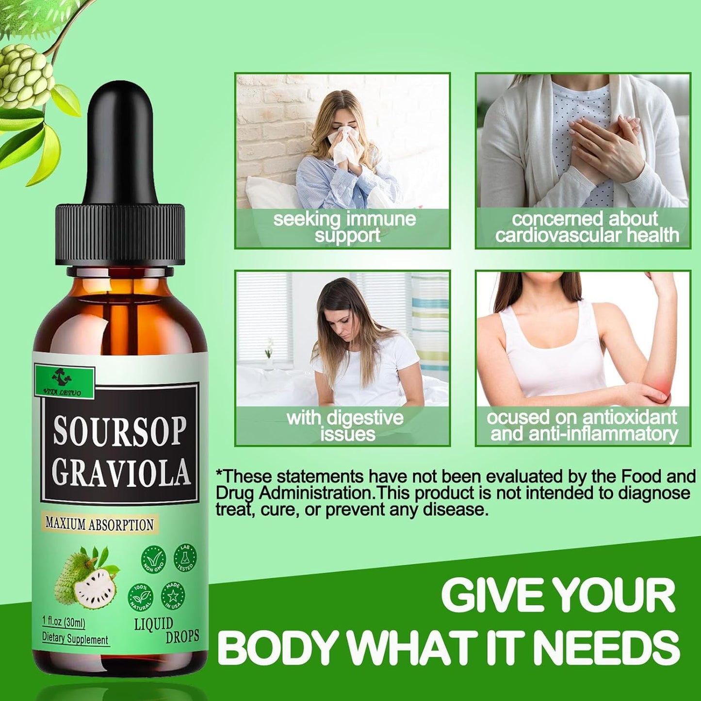 Organic Soursop Liquid Drops (2 Pack) - 2000mg Graviola Leaf Extract for Immune & Digestive Support - Vegan Antioxidant Supplement for Men and Women