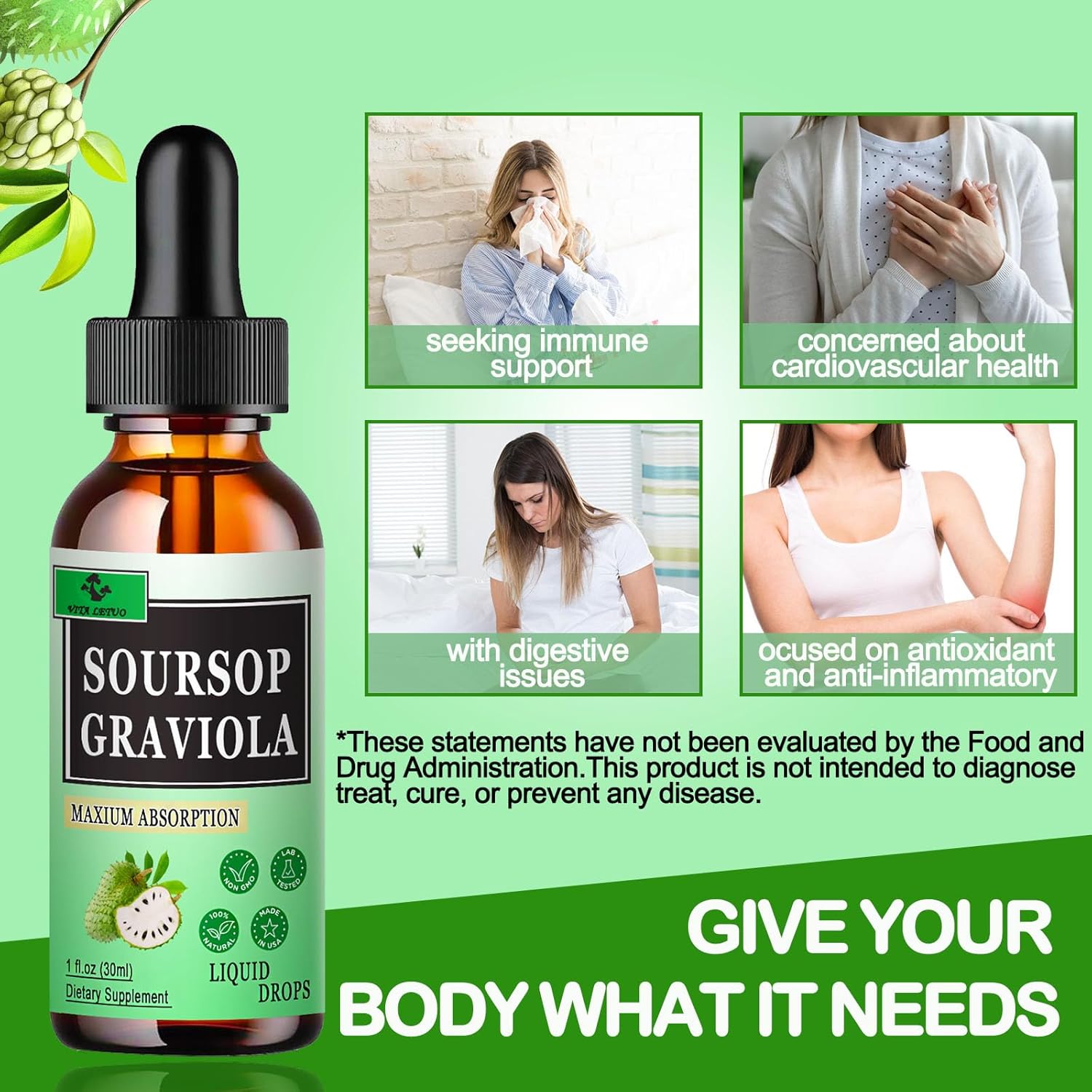 Organic Soursop Liquid Drops (2 Pack) - 2000mg Graviola Leaf Extract for Immune & Digestive Support - Vegan Antioxidant Supplement for Men and Women
