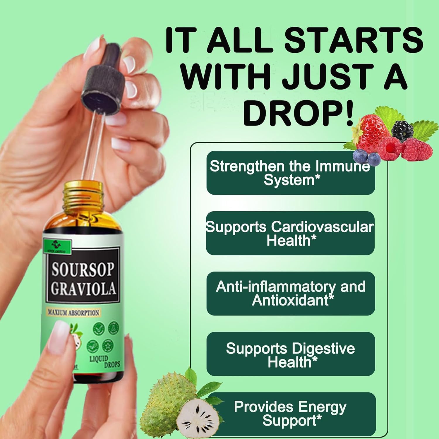 Organic Soursop Liquid Drops (2 Pack) - 2000mg Graviola Leaf Extract for Immune & Digestive Support - Vegan Antioxidant Supplement for Men and Women