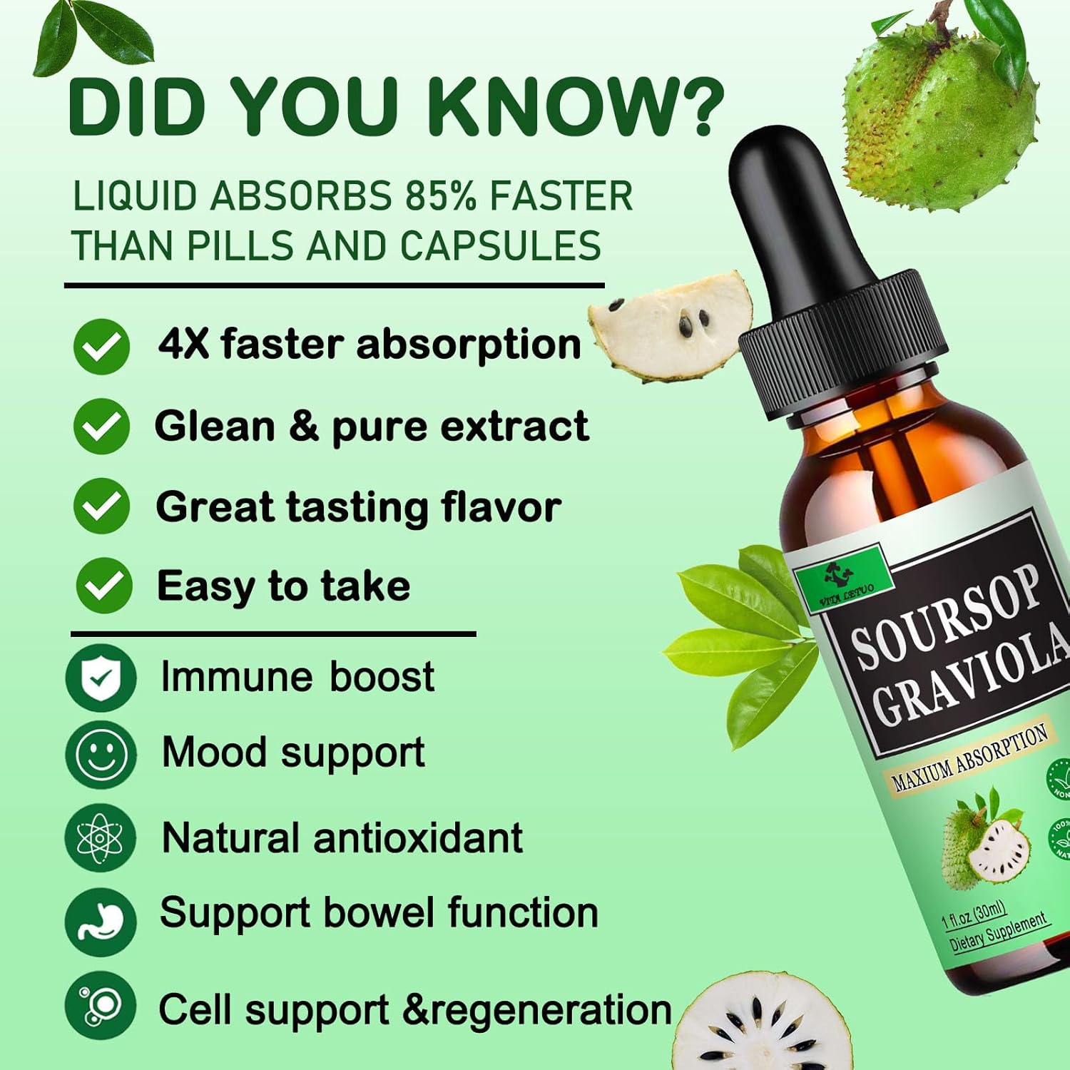Organic Soursop Liquid Drops (2 Pack) - 2000mg Graviola Leaf Extract for Immune & Digestive Support - Vegan Antioxidant Supplement for Men and Women