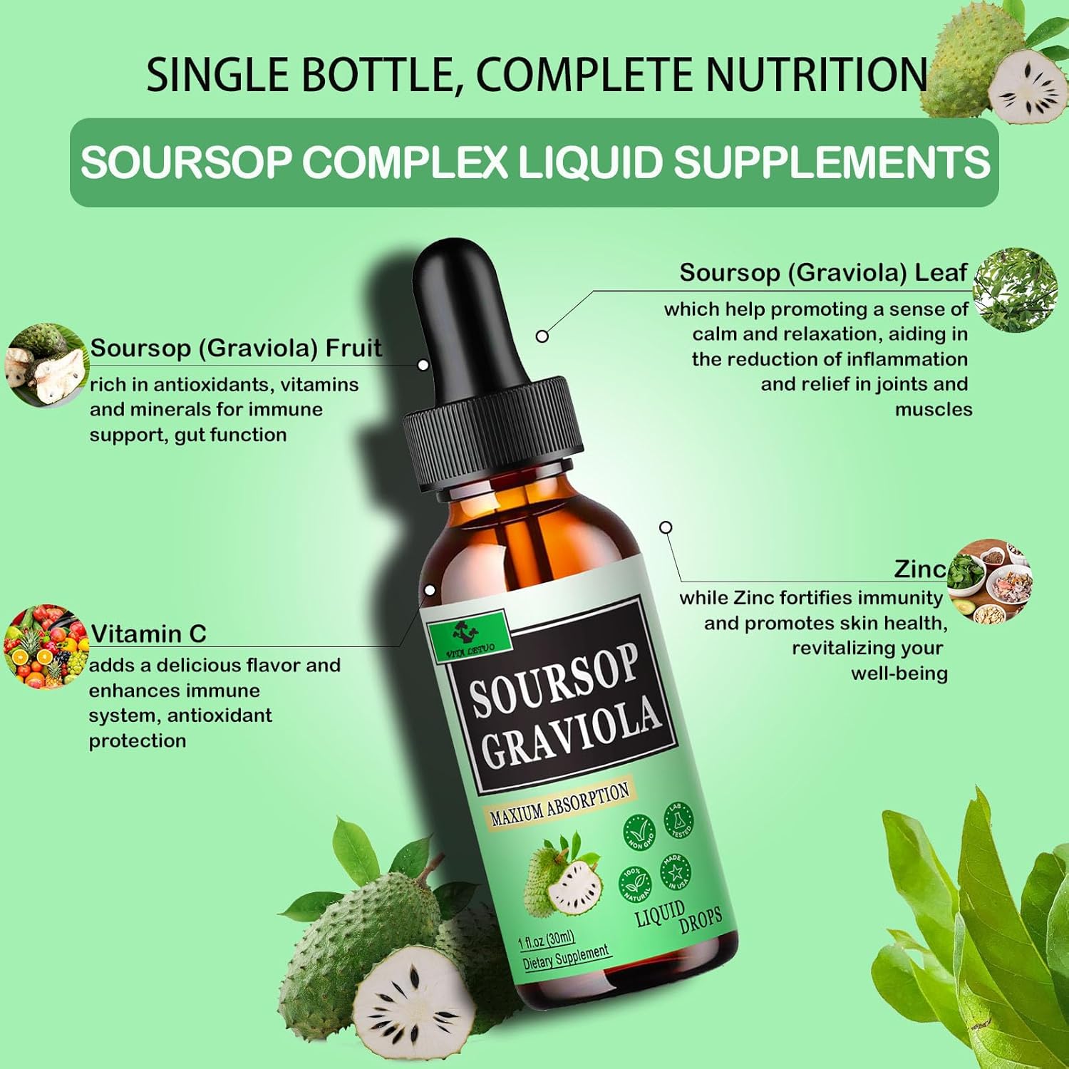 Organic Soursop Liquid Drops (2 Pack) - 2000mg Graviola Leaf Extract for Immune & Digestive Support - Vegan Antioxidant Supplement for Men and Women