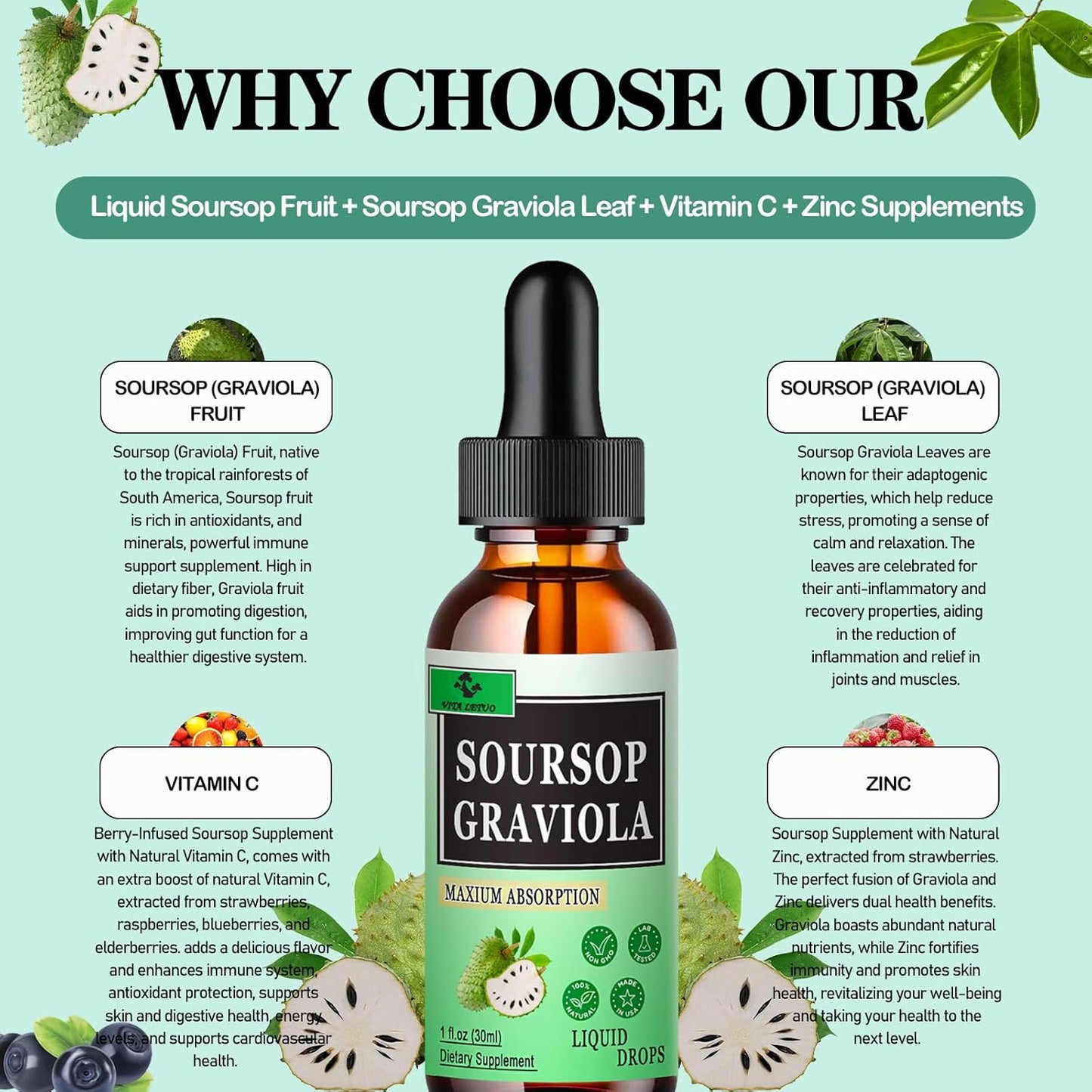 Organic Soursop Liquid Drops (2 Pack) - 2000mg Graviola Leaf Extract for Immune & Digestive Support - Vegan Antioxidant Supplement for Men and Women
