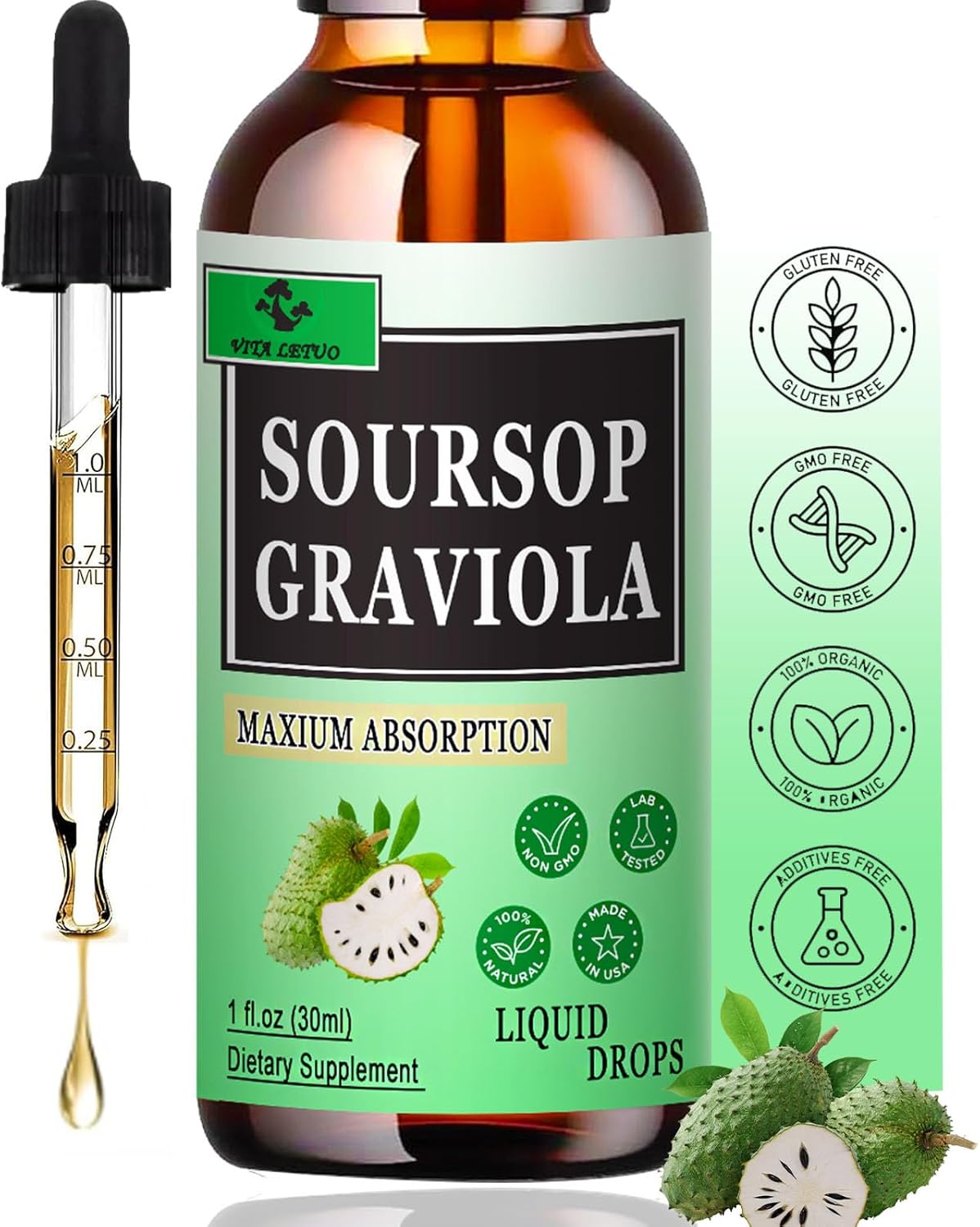 Organic Soursop Liquid Drops (2 Pack) - 2000mg Graviola Leaf Extract for Immune & Digestive Support - Vegan Antioxidant Supplement for Men and Women