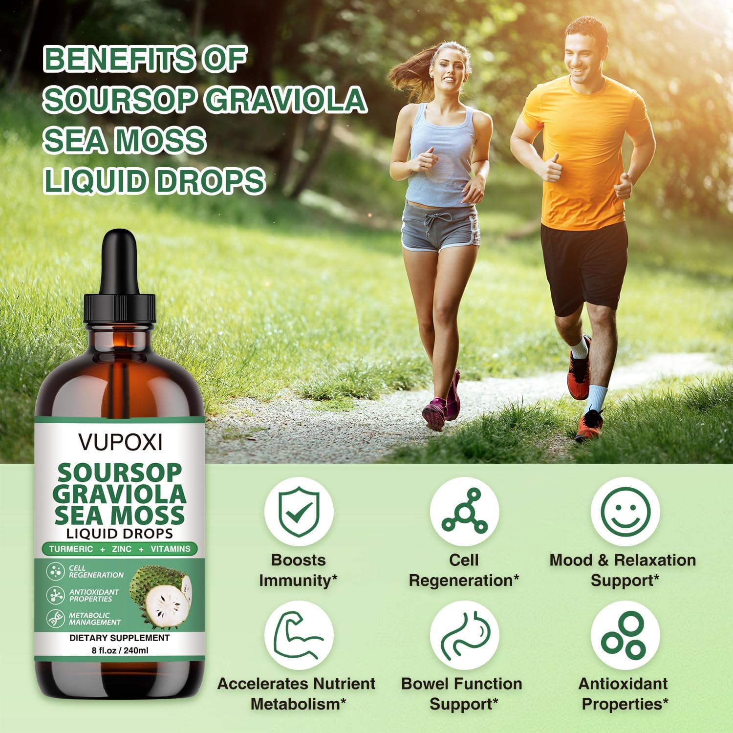 Organic Soursop Multivitamin Liquid Drops for Cell Support & Immune Boost - Sugar-Free, Vegan, Non-GMO - 8 Fl Oz