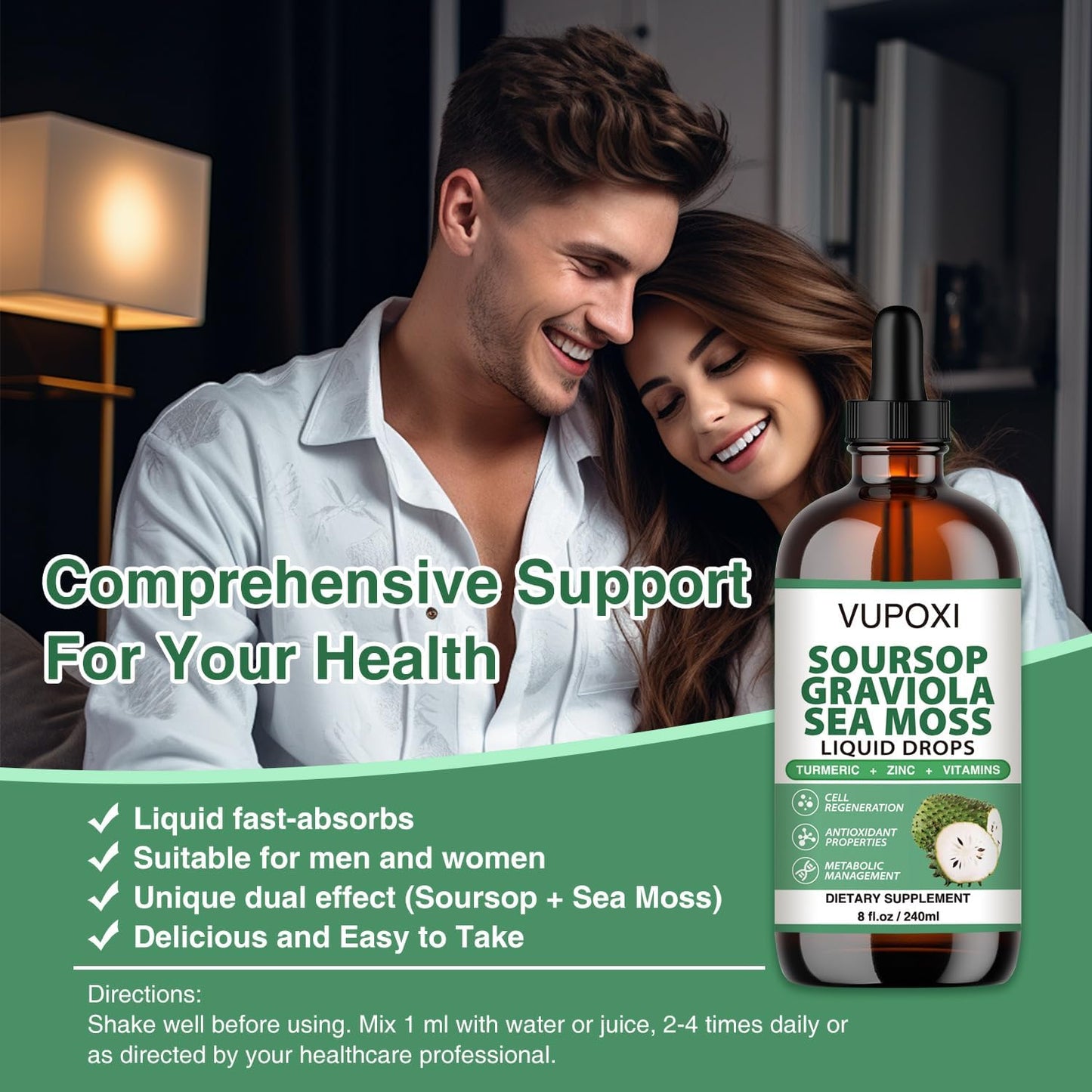 Organic Soursop Multivitamin Liquid Drops for Cell Support & Immune Boost - Sugar-Free, Vegan, Non-GMO - 8 Fl Oz